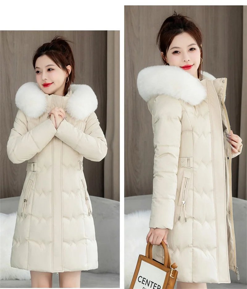 2024 New Winter Coat Women's Jacket Fur Neckline Long Basic Coats Thick Jackets Cotton Padded Outerwear Parkas Female Clothes