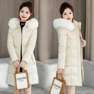 2024 New Winter Coat Women's Jacket Fur Neckline Long Basic Coats Thick Jackets Cotton Padded Outerwear Parkas Female Clothes