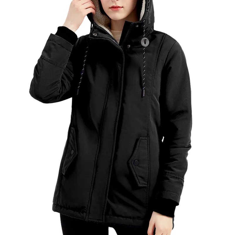 Winter warm coat Women's solid plush thickened jacket Outdoor hiking hooded windproof parka coat