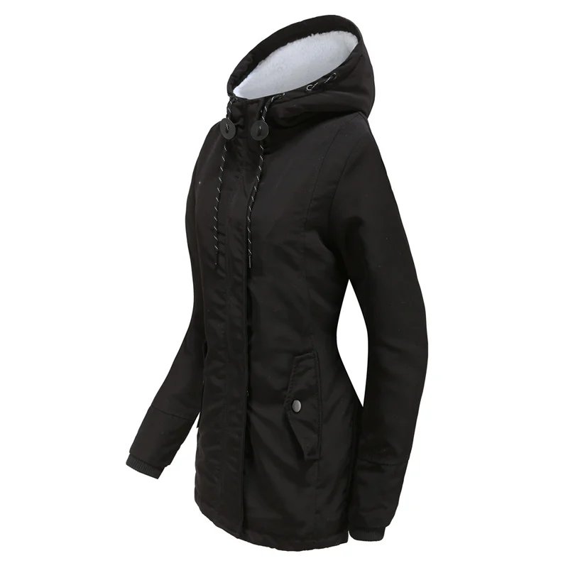 Winter warm coat Women's solid plush thickened jacket Outdoor hiking hooded windproof parka coat