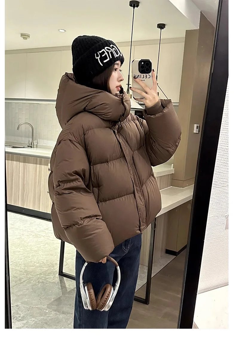 Hooded Cotton Jacket Women 2024 New Thickened Warm Long Sleeved Outwear Winter Korean Loose Solid Color Versatile Short Coat