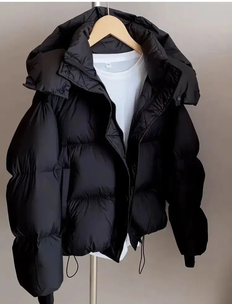 Hooded Cotton Jacket Women 2024 New Thickened Warm Long Sleeved Outwear Winter Korean Loose Solid Color Versatile Short Coat