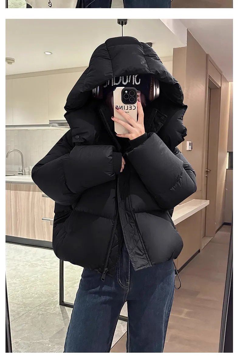 Hooded Cotton Jacket Women 2024 New Thickened Warm Long Sleeved Outwear Winter Korean Loose Solid Color Versatile Short Coat