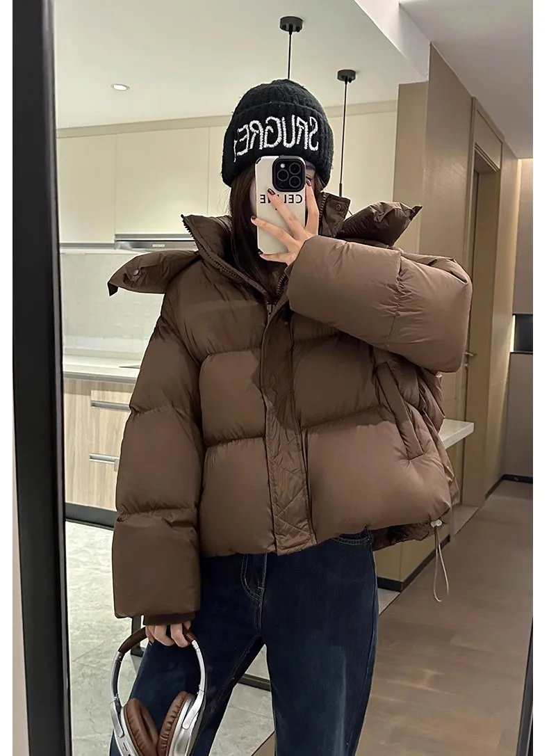 Hooded Cotton Jacket Women 2024 New Thickened Warm Long Sleeved Outwear Winter Korean Loose Solid Color Versatile Short Coat