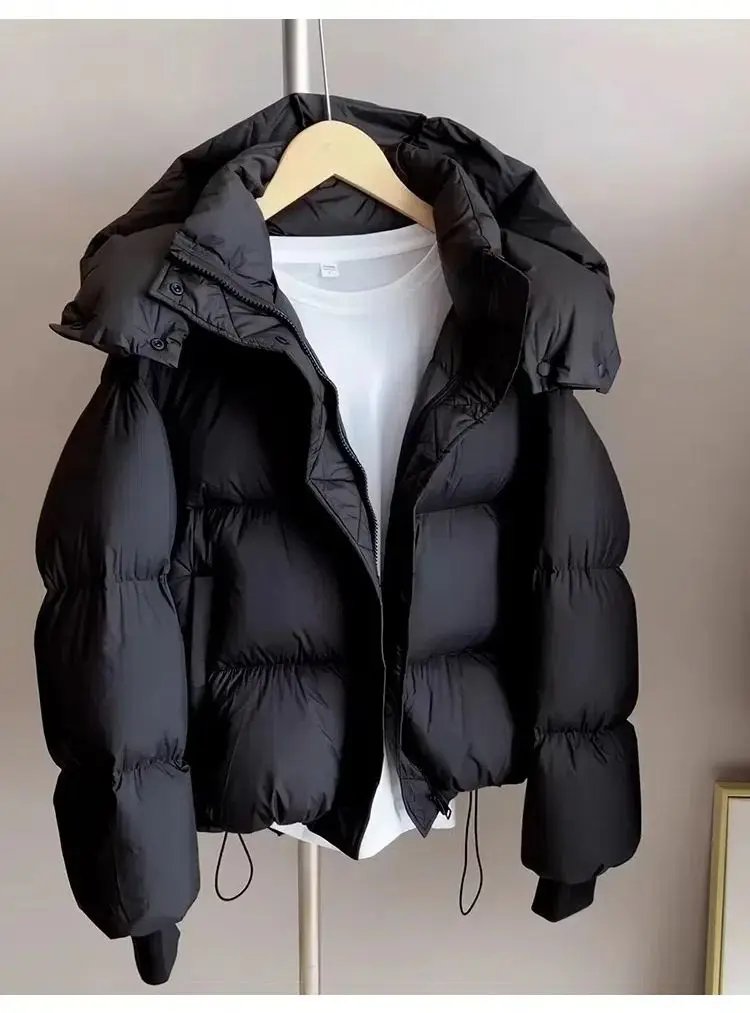 Hooded Cotton Jacket Women 2024 New Thickened Warm Long Sleeved Outwear Winter Korean Loose Solid Color Versatile Short Coat