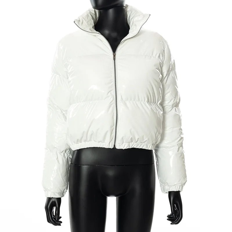 European and American Solid Color Mirror Pu Leather Down Jacket, Womens' Winter New Short Zippered Stand-up Collar Padded Jacket