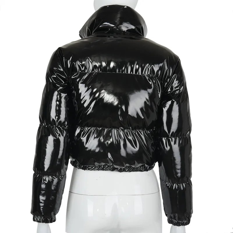 European and American Solid Color Mirror Pu Leather Down Jacket, Womens' Winter New Short Zippered Stand-up Collar Padded Jacket