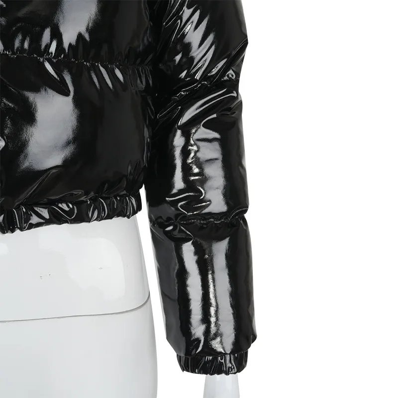 European and American Solid Color Mirror Pu Leather Down Jacket, Womens' Winter New Short Zippered Stand-up Collar Padded Jacket