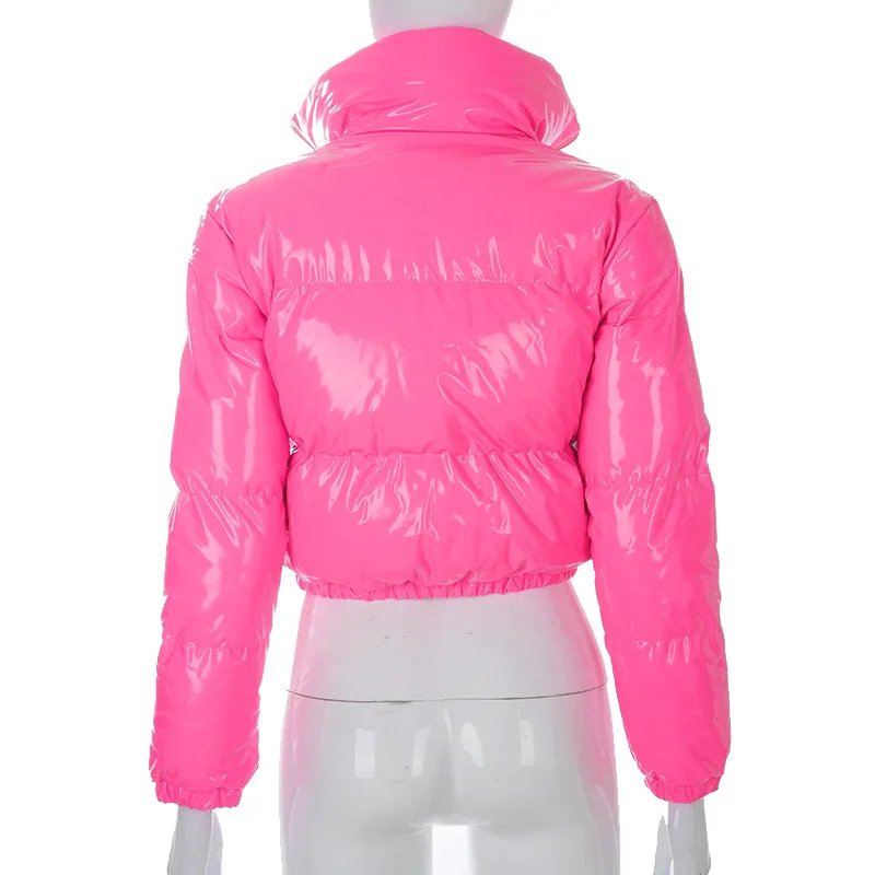 European and American Solid Color Mirror Pu Leather Down Jacket, Womens' Winter New Short Zippered Stand-up Collar Padded Jacket