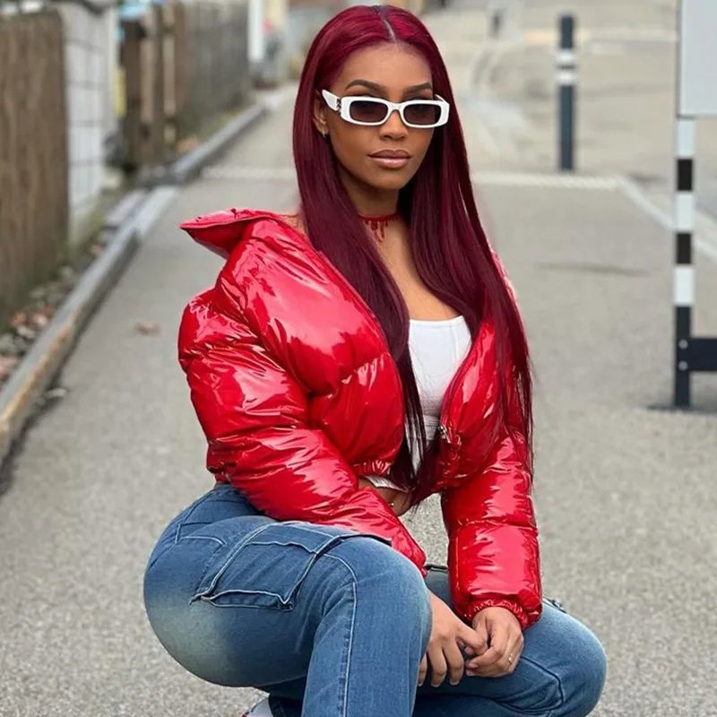 European and American Solid Color Mirror Pu Leather Down Jacket, Womens' Winter New Short Zippered Stand-up Collar Padded Jacket