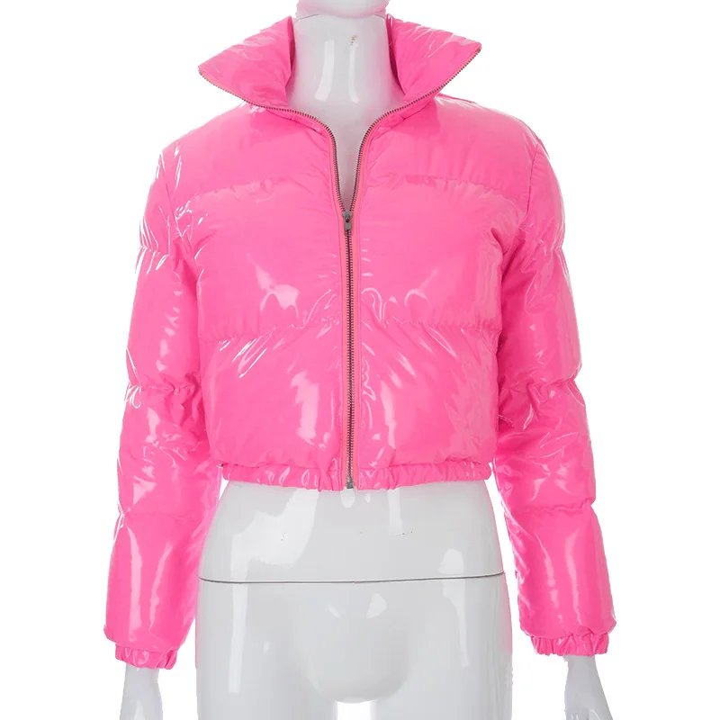 European and American Solid Color Mirror Pu Leather Down Jacket, Womens' Winter New Short Zippered Stand-up Collar Padded Jacket