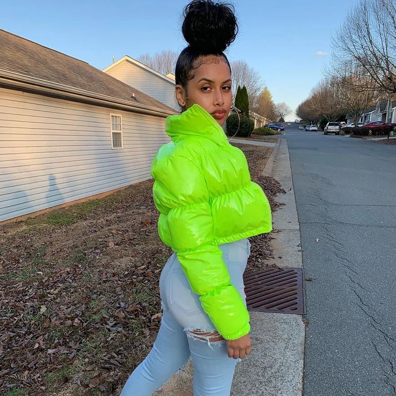 European and American Solid Color Mirror Pu Leather Down Jacket, Womens' Winter New Short Zippered Stand-up Collar Padded Jacket