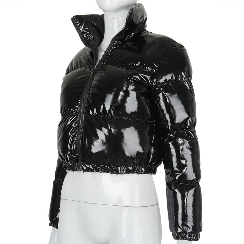 European and American Solid Color Mirror Pu Leather Down Jacket, Womens' Winter New Short Zippered Stand-up Collar Padded Jacket