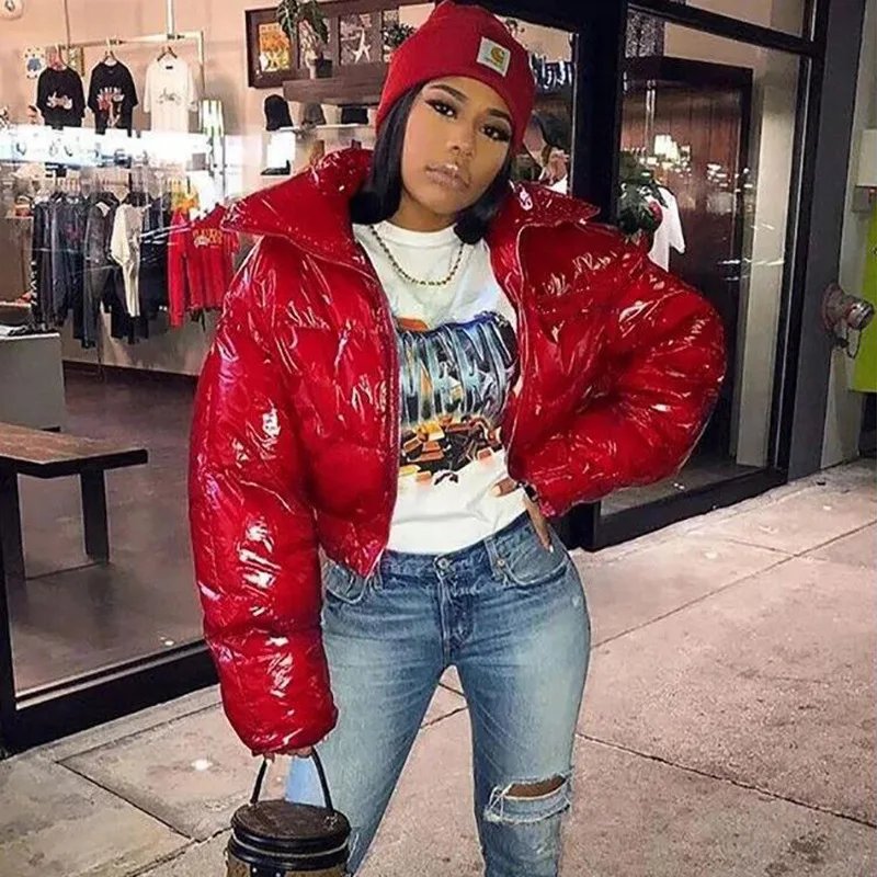 European and American Solid Color Mirror Pu Leather Down Jacket, Womens' Winter New Short Zippered Stand-up Collar Padded Jacket
