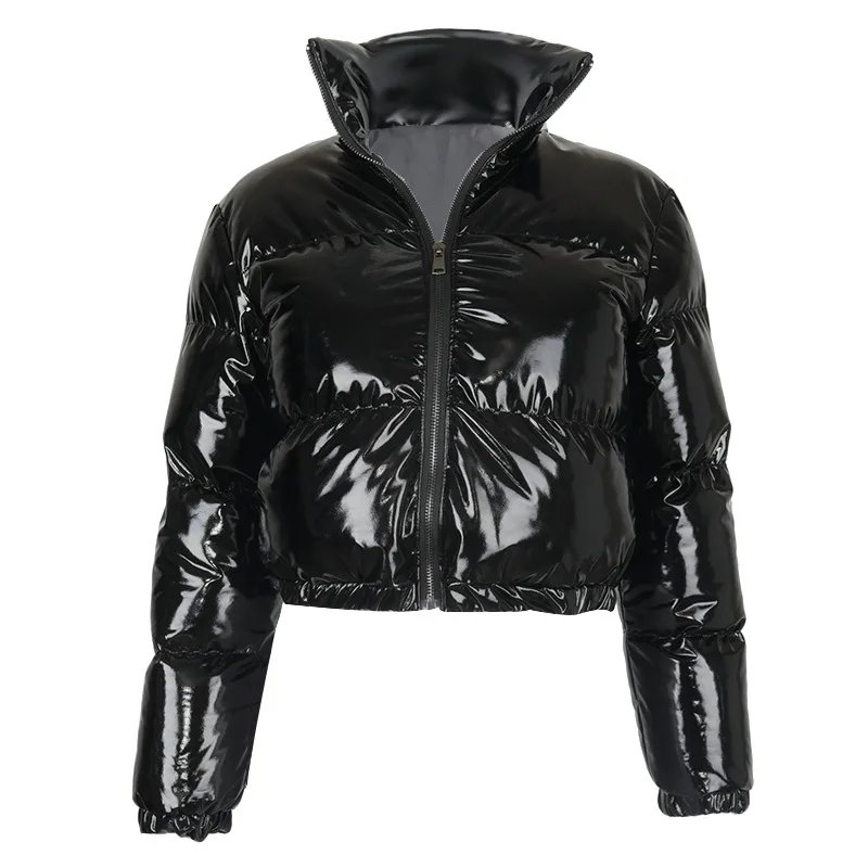 European and American Solid Color Mirror Pu Leather Down Jacket, Womens' Winter New Short Zippered Stand-up Collar Padded Jacket