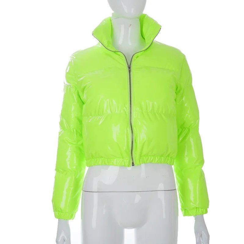 European and American Solid Color Mirror Pu Leather Down Jacket, Womens' Winter New Short Zippered Stand-up Collar Padded Jacket