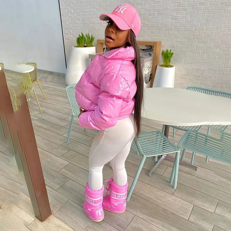 European and American Solid Color Mirror Pu Leather Down Jacket, Womens' Winter New Short Zippered Stand-up Collar Padded Jacket