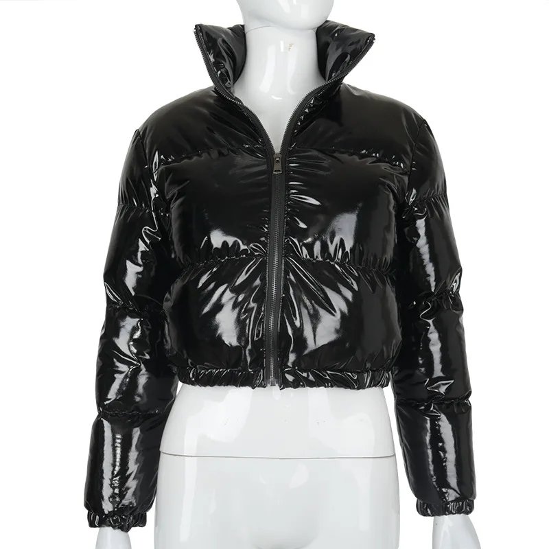 European and American Solid Color Mirror Pu Leather Down Jacket, Womens' Winter New Short Zippered Stand-up Collar Padded Jacket