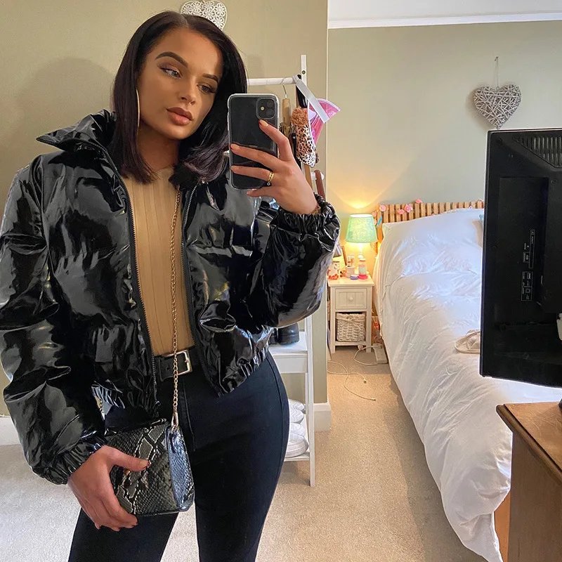 European and American Solid Color Mirror Pu Leather Down Jacket, Womens' Winter New Short Zippered Stand-up Collar Padded Jacket