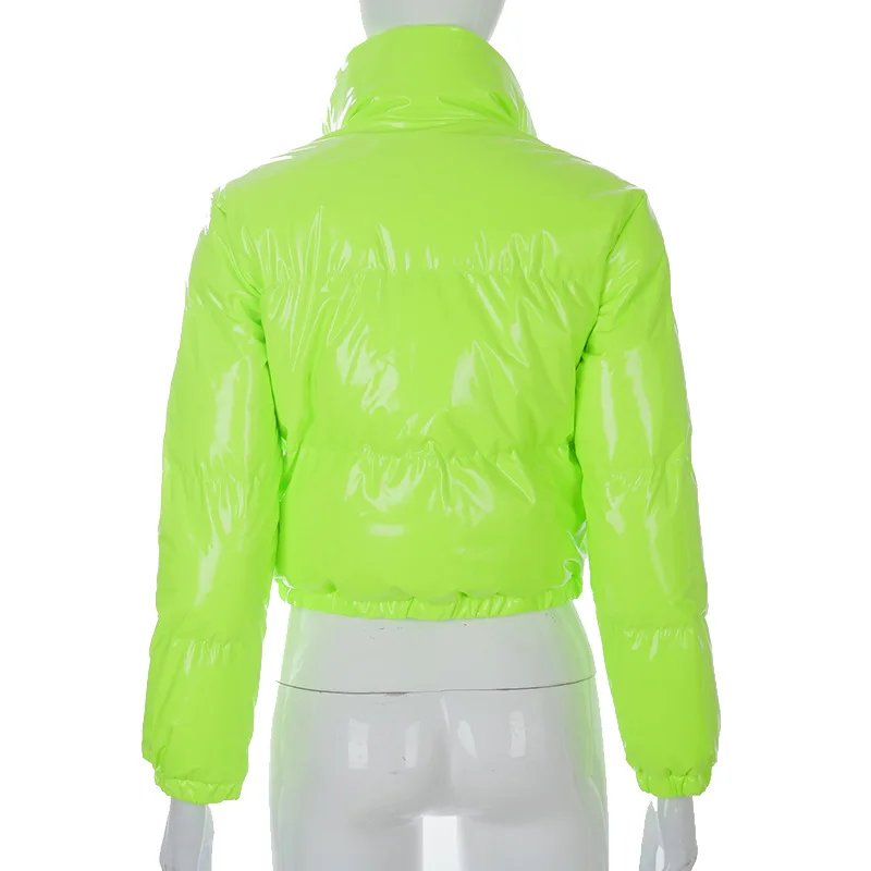 European and American Solid Color Mirror Pu Leather Down Jacket, Womens' Winter New Short Zippered Stand-up Collar Padded Jacket