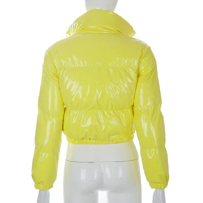 European and American Solid Color Mirror Pu Leather Down Jacket, Womens' Winter New Short Zippered Stand-up Collar Padded Jacket