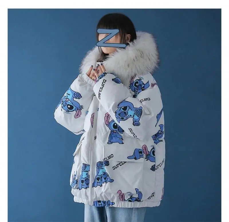 Disney Stitch Cute Print Down Cotton Jacket Winter New Korean Version Loose Cotton Coat Trend Casual Warm Versatile Zipper Coat Disney Stitch Cute Print Down Cotton Jacket Winter New Korean Version Loose Cotton Coat Trend Casual Warm Versatile Zipper Coat