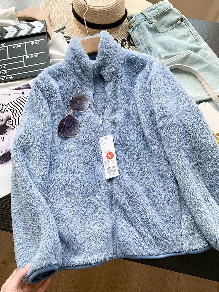 Autumn Winter Unisex Warm Fleece Jacket Outwear Ladies Zipper Lamb Fleece Coat Double Sided Velvet Stand Collar Coats New Simple