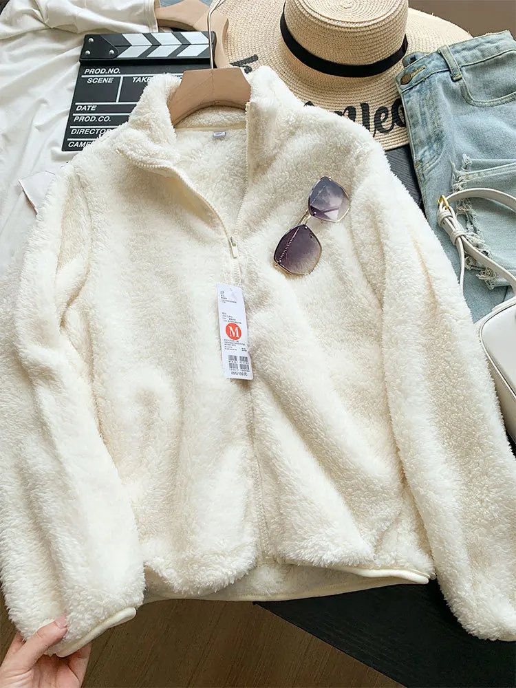 Autumn Winter Unisex Warm Fleece Jacket Outwear Ladies Zipper Lamb Fleece Coat Double Sided Velvet Stand Collar Coats New Simple