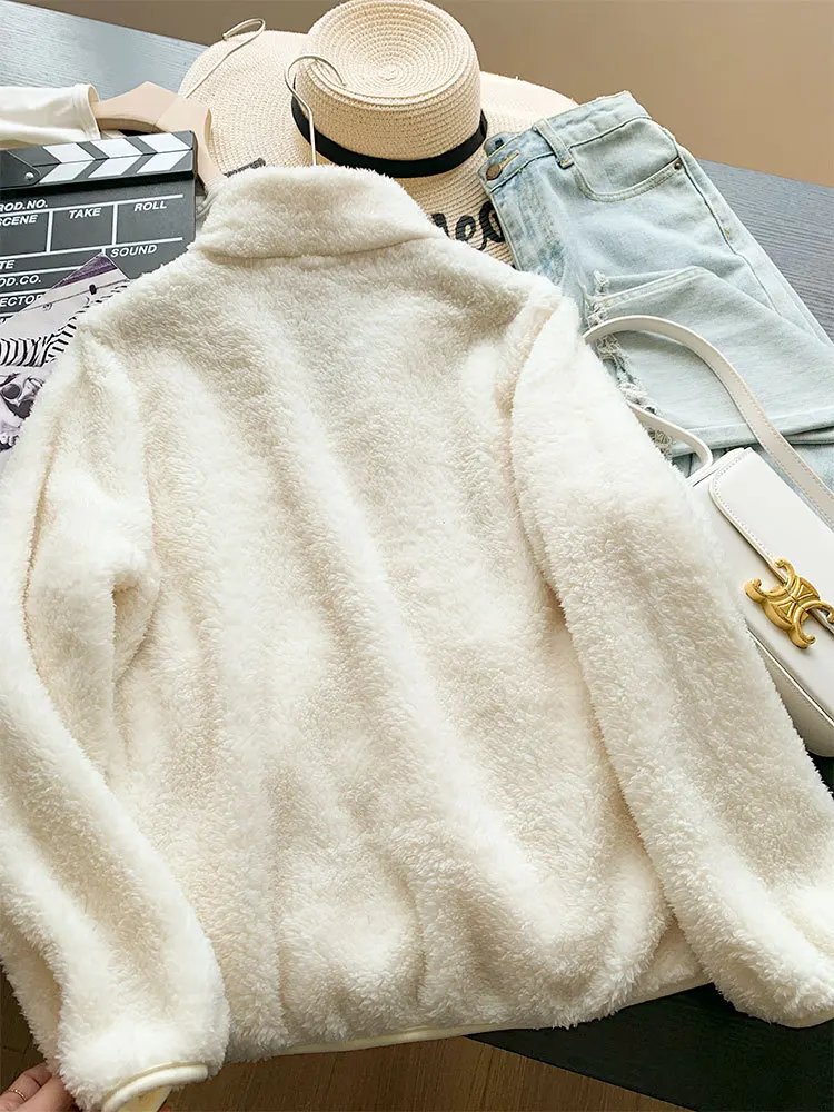 Autumn Winter Unisex Warm Fleece Jacket Outwear Ladies Zipper Lamb Fleece Coat Double Sided Velvet Stand Collar Coats New Simple