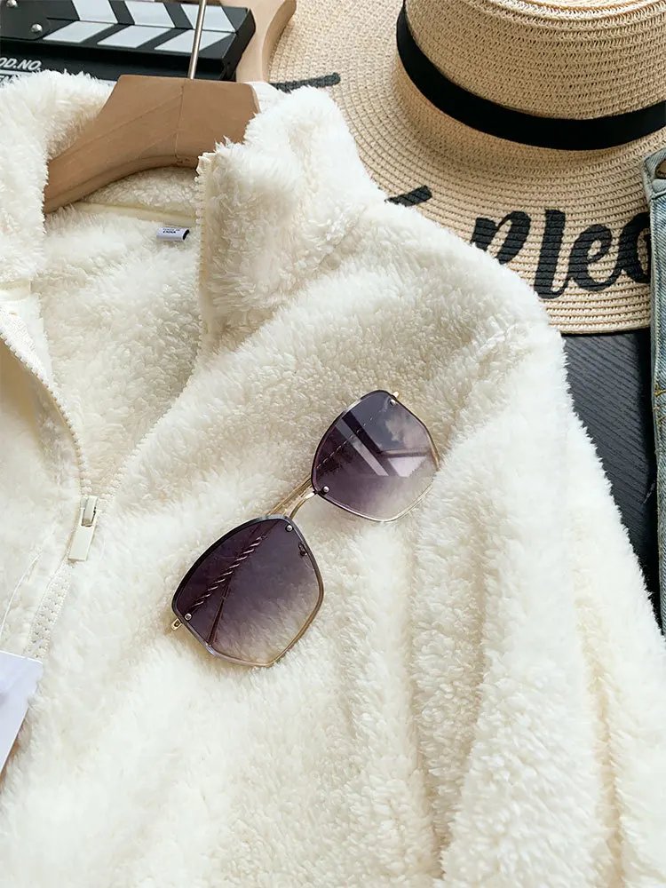 Autumn Winter Unisex Warm Fleece Jacket Outwear Ladies Zipper Lamb Fleece Coat Double Sided Velvet Stand Collar Coats New Simple