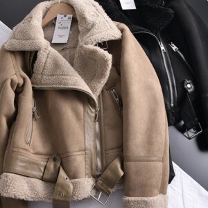 Ailegogo Winter Women Thick Warm Suede Lamb Jacket Short Motorcycle Brown Coats Faux Shearling Sheepskin Leather Jackets Outwear