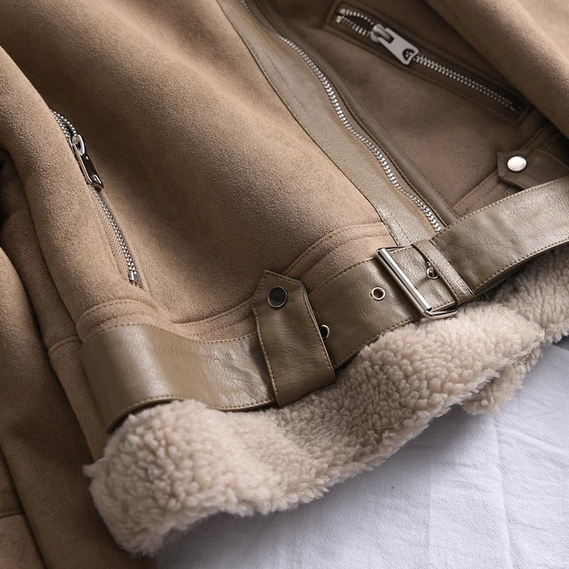 Ailegogo Winter Women Thick Warm Suede Lamb Jacket Short Motorcycle Brown Coats Faux Shearling Sheepskin Leather Jackets Outwear