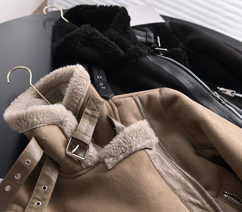 Ailegogo Winter Women Thick Warm Suede Lamb Jacket Short Motorcycle Brown Coats Faux Shearling Sheepskin Leather Jackets Outwear