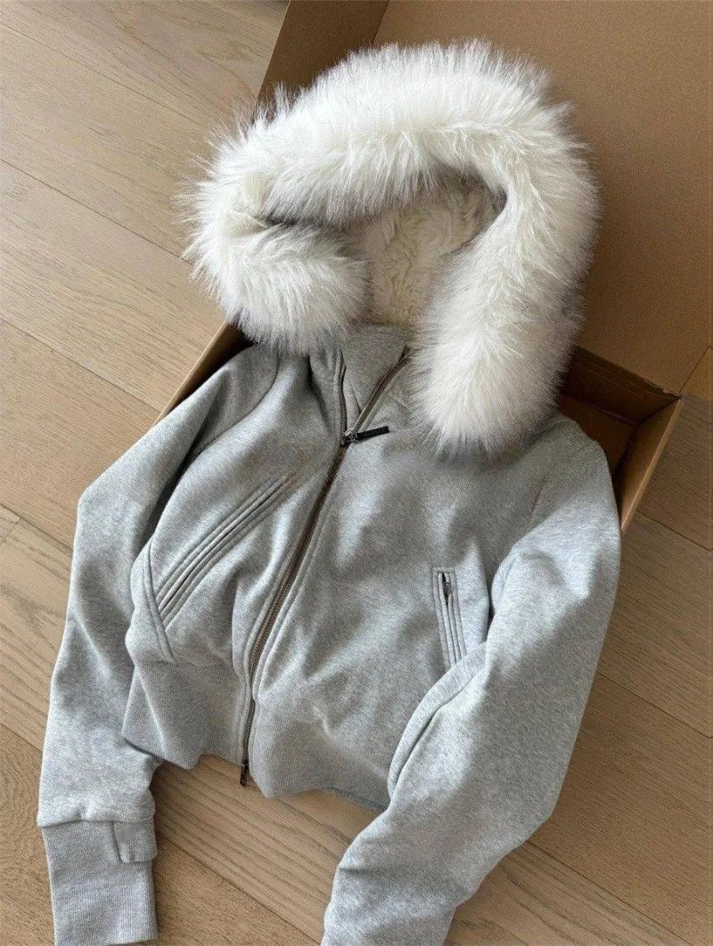 Y2K Fashion New Gray Fur Collar Hooded Sweater Coat Female Harajuku Vintage Leisure Plus Velvet Padded Short Zipper Cardigan Top