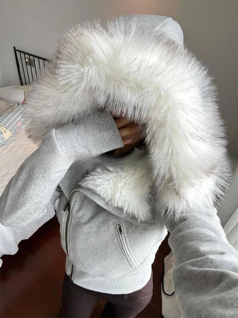 Y2K Fashion New Gray Fur Collar Hooded Sweater Coat Female Harajuku Vintage Leisure Plus Velvet Padded Short Zipper Cardigan Top