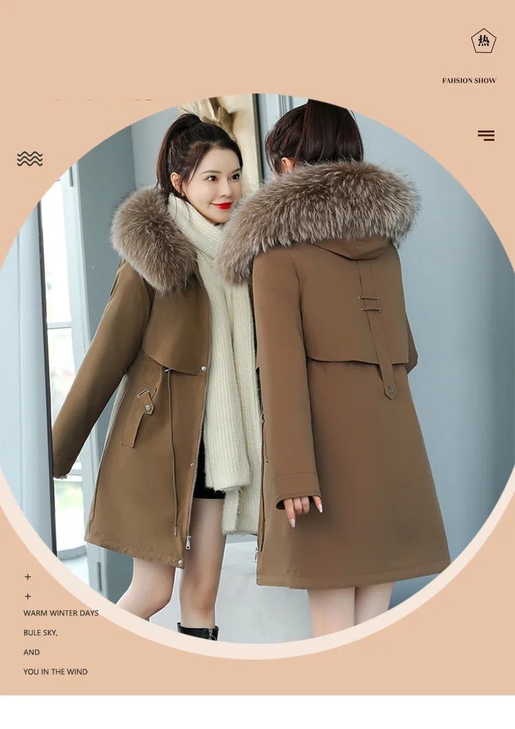 2025 New Women Winter Jacket 8XL Slim Long Coat Casual Parkas Big fur collar Wool Liner Hooded Outwear Cotton Warm Coats Female