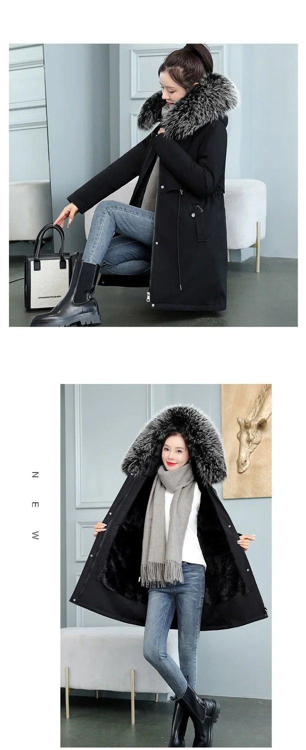 2025 New Women Winter Jacket 8XL Slim Long Coat Casual Parkas Big fur collar Wool Liner Hooded Outwear Cotton Warm Coats Female