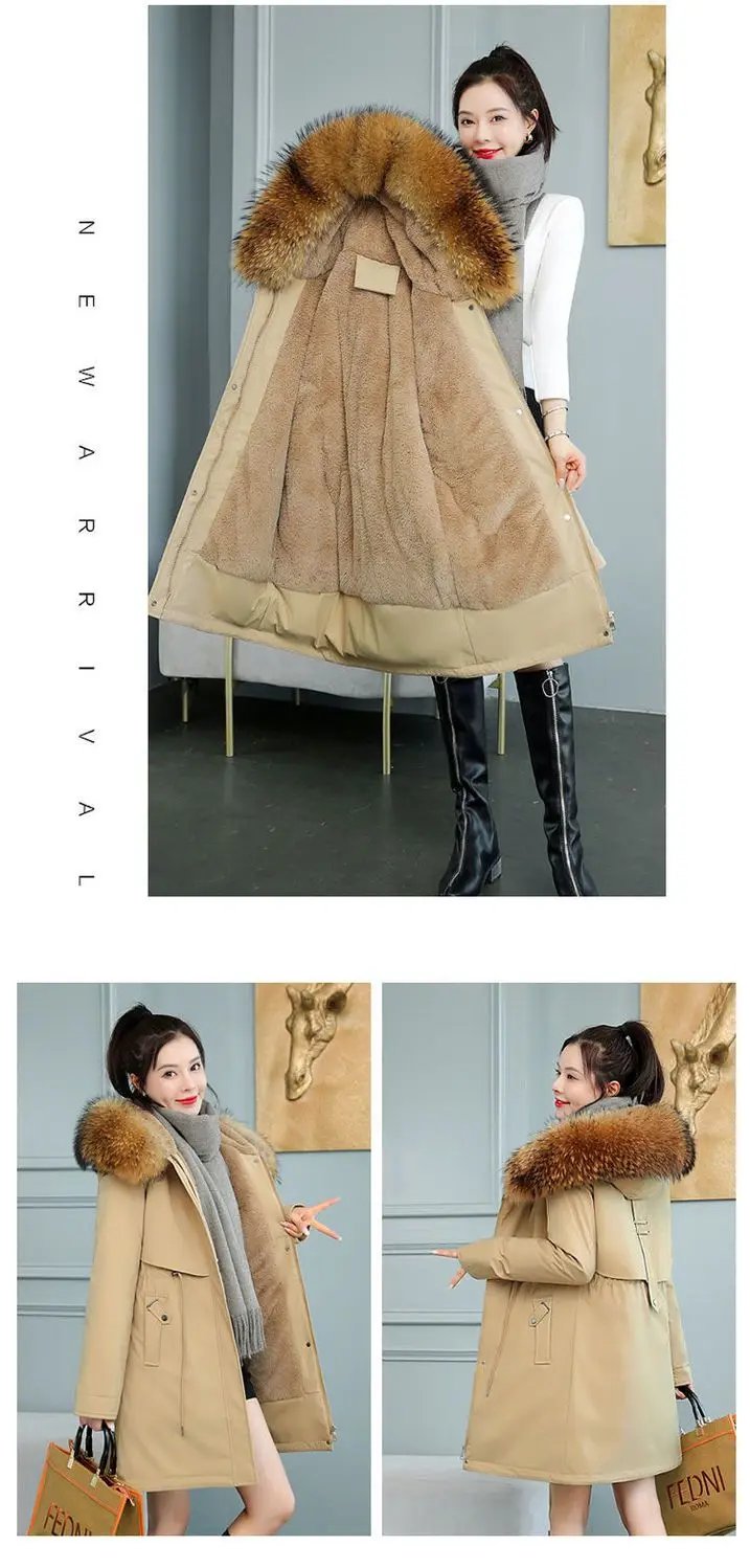 2025 New Women Winter Jacket 8XL Slim Long Coat Casual Parkas Big fur collar Wool Liner Hooded Outwear Cotton Warm Coats Female