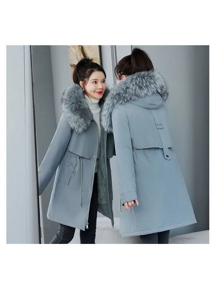 2025 New Women Winter Jacket 8XL Slim Long Coat Casual Parkas Big fur collar Wool Liner Hooded Outwear Cotton Warm Coats Female