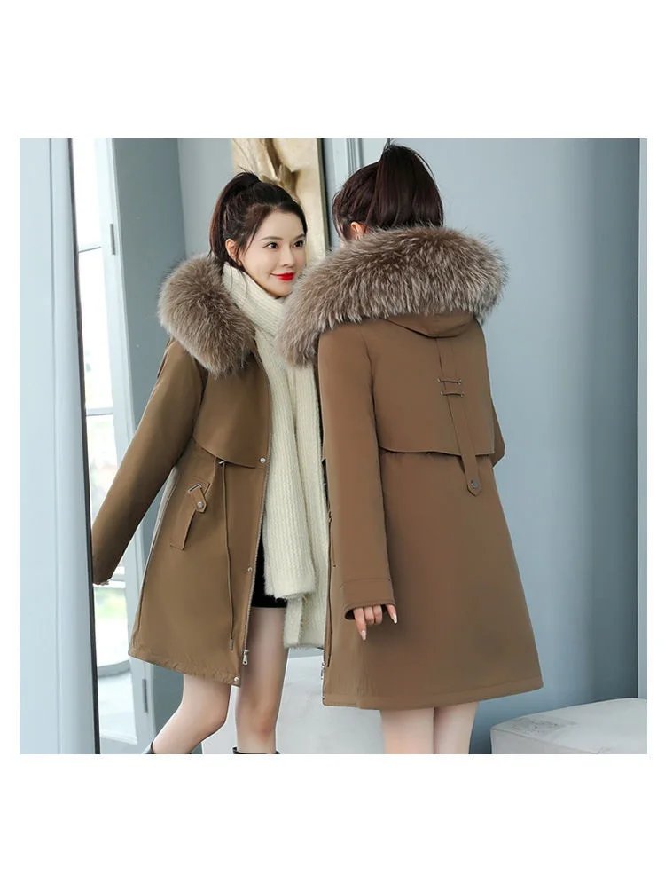2025 New Women Winter Jacket 8XL Slim Long Coat Casual Parkas Big fur collar Wool Liner Hooded Outwear Cotton Warm Coats Female