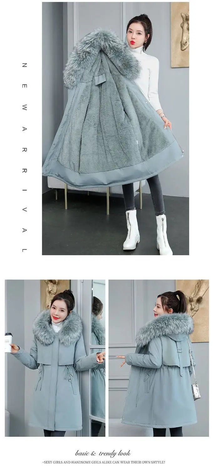 2025 New Women Winter Jacket 8XL Slim Long Coat Casual Parkas Big fur collar Wool Liner Hooded Outwear Cotton Warm Coats Female