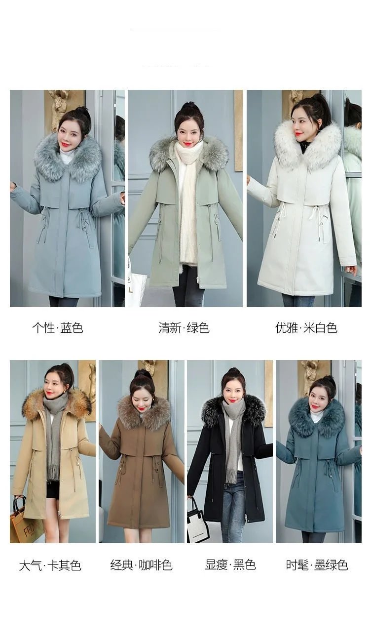 2025 New Women Winter Jacket 8XL Slim Long Coat Casual Parkas Big fur collar Wool Liner Hooded Outwear Cotton Warm Coats Female