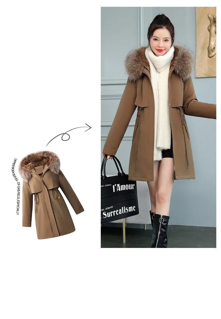 2025 New Women Winter Jacket 8XL Slim Long Coat Casual Parkas Big fur collar Wool Liner Hooded Outwear Cotton Warm Coats Female