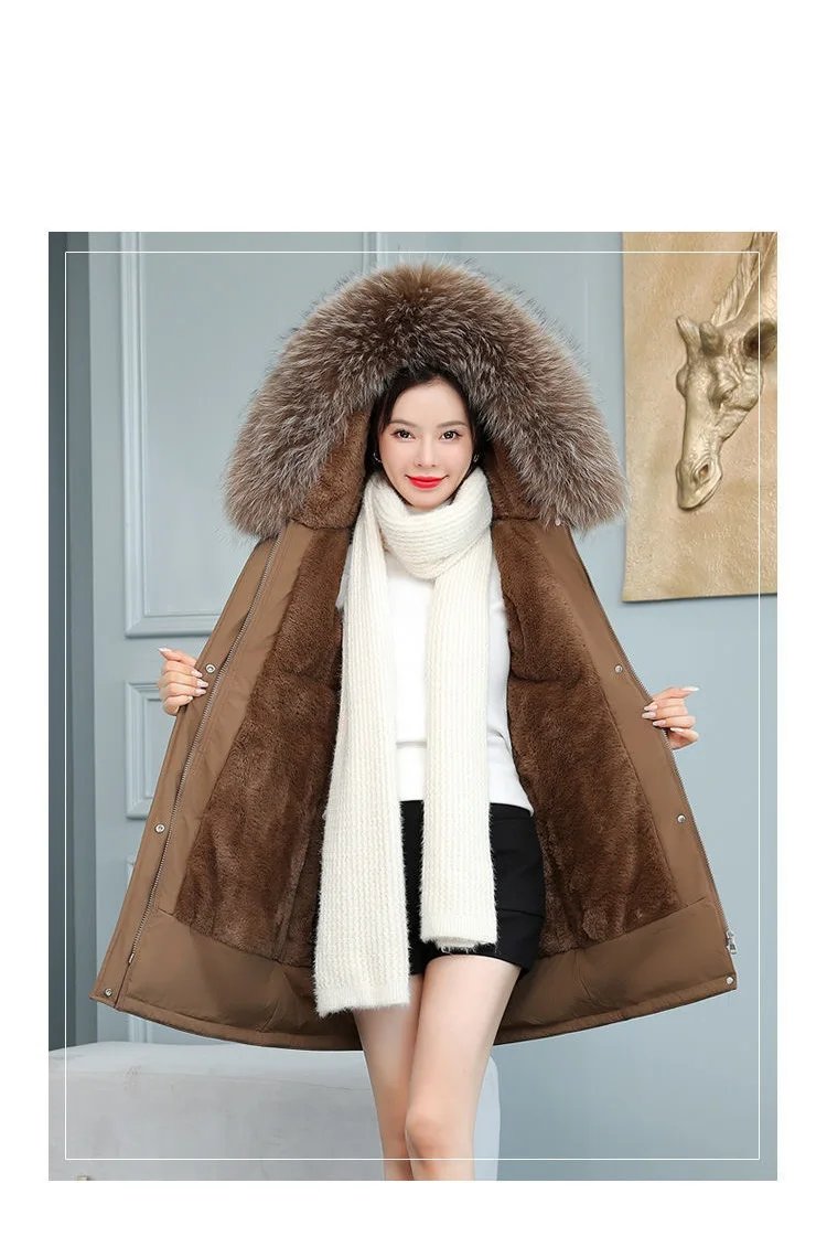 2025 New Women Winter Jacket 8XL Slim Long Coat Casual Parkas Big fur collar Wool Liner Hooded Outwear Cotton Warm Coats Female