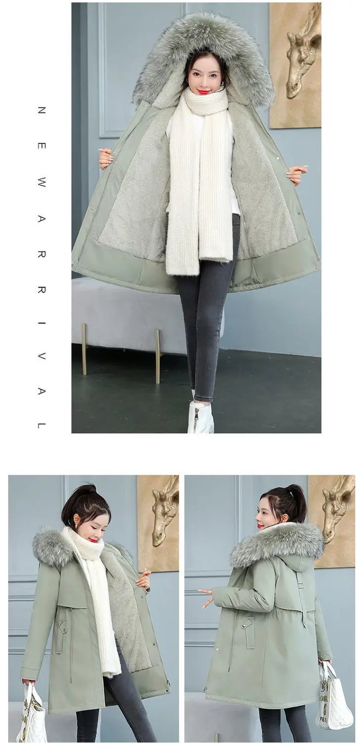 2025 New Women Winter Jacket 8XL Slim Long Coat Casual Parkas Big fur collar Wool Liner Hooded Outwear Cotton Warm Coats Female
