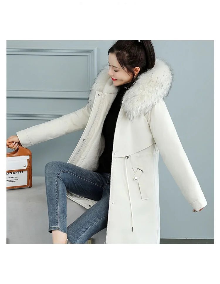 2025 New Women Winter Jacket 8XL Slim Long Coat Casual Parkas Big fur collar Wool Liner Hooded Outwear Cotton Warm Coats Female