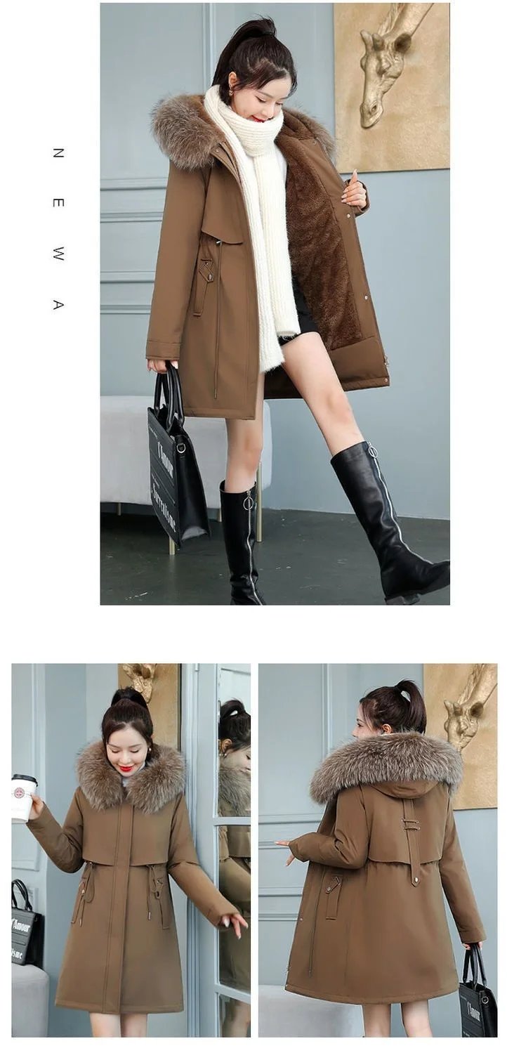 2025 New Women Winter Jacket 8XL Slim Long Coat Casual Parkas Big fur collar Wool Liner Hooded Outwear Cotton Warm Coats Female