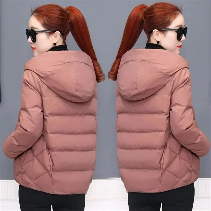 Short Hooded Cotton Jacket Women Parka Coats Autumn Winter Windproof Warm Outwear Solid color Padded  4XL 5XL Zip Cotton Jacket
