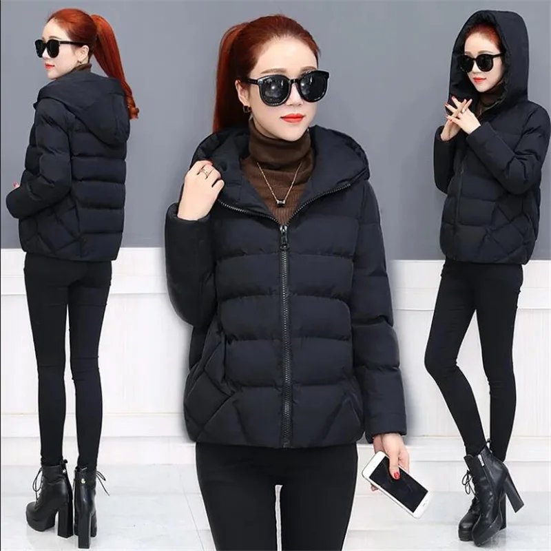 Short Hooded Cotton Jacket Women Parka Coats Autumn Winter Windproof Warm Outwear Solid color Padded  4XL 5XL Zip Cotton Jacket