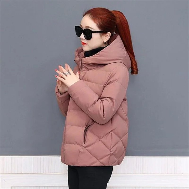 Short Hooded Cotton Jacket Women Parka Coats Autumn Winter Windproof Warm Outwear Solid color Padded  4XL 5XL Zip Cotton Jacket